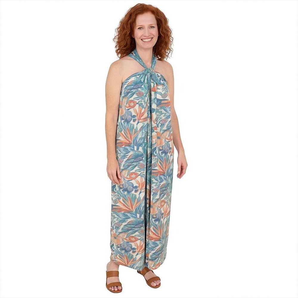 Faherty Teal Blue and Coral Tropical Halter Maxi Dress